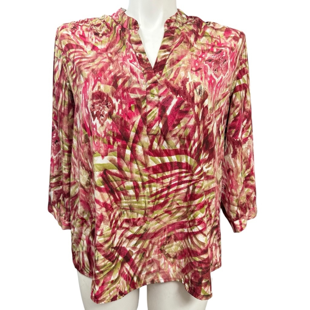 Chico's Blouse Size 3/XL Pink Green Floral Print 3/4 Sleeve